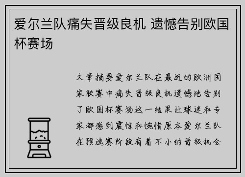 爱尔兰队痛失晋级良机 遗憾告别欧国杯赛场