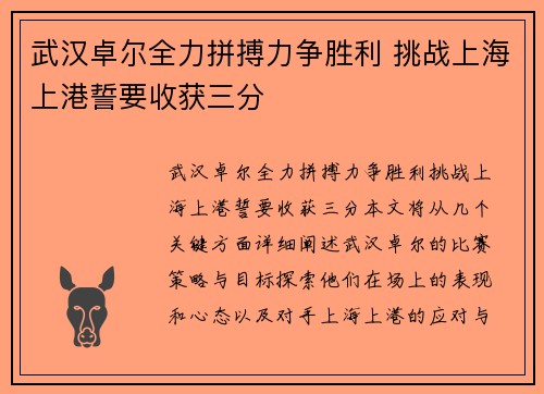 武汉卓尔全力拼搏力争胜利 挑战上海上港誓要收获三分