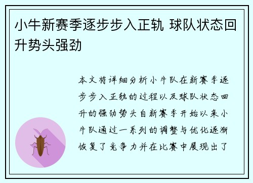 小牛新赛季逐步步入正轨 球队状态回升势头强劲